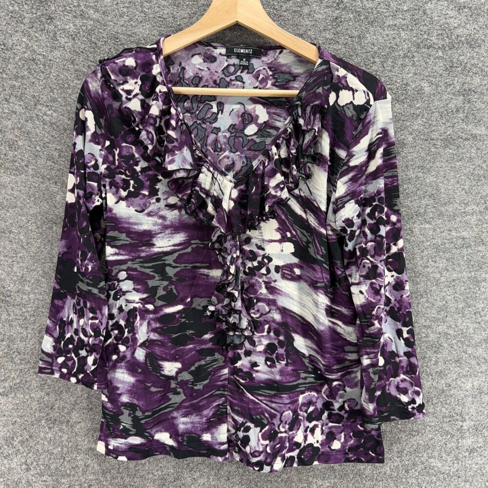 Elementz Blouse Women M Medium Purple Colorblock V-Neck Long Sleeve Pullover